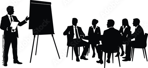 Black silhouette vector illustration of a professional businessman giving a presentation to colleagues in a corporate office boardroom meeting setting.
