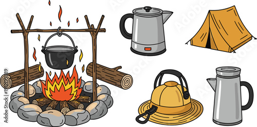 Camping Adventure Vector Illustration Set Featuring a Campfire With Pot Outdoor Tent Coffee Percolator and Sun Hat Icons