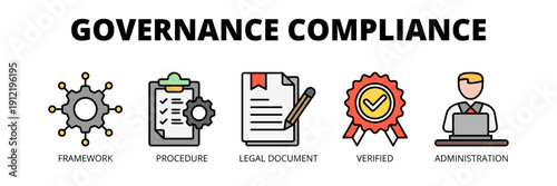 Governance Compliance web banner icon vector illustration concept for regulatory management with icons of framework, procedure, legal document, verification and administration.