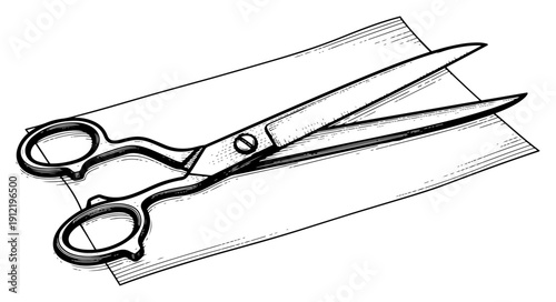 Woodcut style illustration of professional tailor scissors lying on a piece of pattern paper