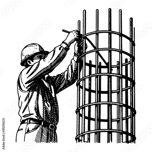 Engraving style illustration of a professional construction worker assembling a steel rebar cage for building reinforcement