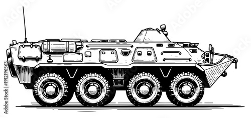 Vintage military armored personnel carrier vehicle in woodcut engraving style