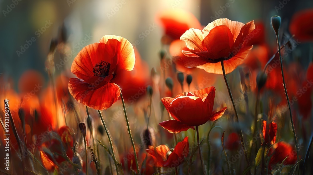 Obraz premium Scarlet Poppy's Embrace: A vibrant display of scarlet poppies dance in the sun, their delicate petals glowing with an inner light, creating a serene and captivating field of color.
