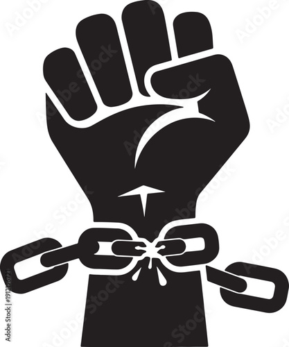 Raised fist with broken chain for freedom and revolution