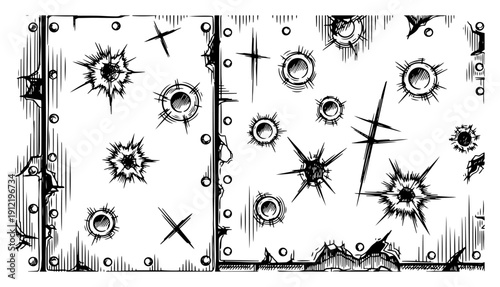 Metal armor plate with bullet holes and impact damage in vintage woodcut engraving style