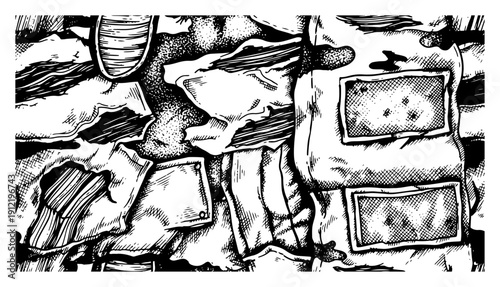 Detailed woodcut style illustration of torn metal plates and shattered mechanical components