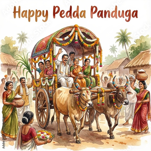 Vibrant Indian village scene celebrating Pedda Panduga festival with a decorated bullock cart procession and joyful villagers
