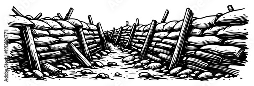 Detailed military trench fortification with sandbags and wooden supports in woodcut engraving style