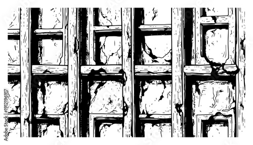 Engraving style illustration of a weathered architectural grid with cracked stone masonry sections