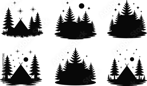 Artistic black and white vector silhouette set of pine forest camping scenes with tents and stars for outdoor adventure travel and wilderness recreation design.