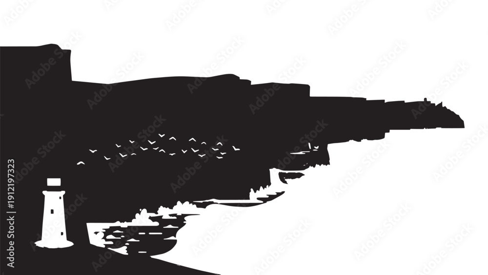 Obraz premium Silhouette of Coastal Lighthouse Along Rugged Shoreline with Expansive Sea and Distant Horizon.