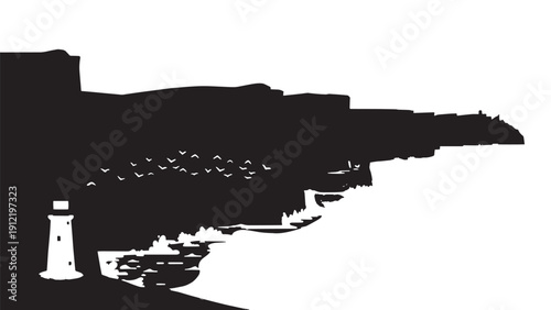 Silhouette of Coastal Lighthouse Along Rugged Shoreline with Expansive Sea and Distant Horizon.