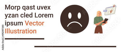 Emotions, navigation, digital technology, location services, communication, user experience. Sad face symbol with text and man viewing location map on tablet. Emotions and navigation