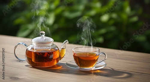 Steaming tea poured into cup on outdoor table