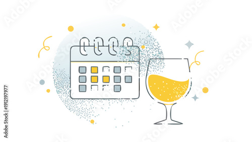 A minimalist vector illustration of a calendar and a glass of champagne with confetti and stars