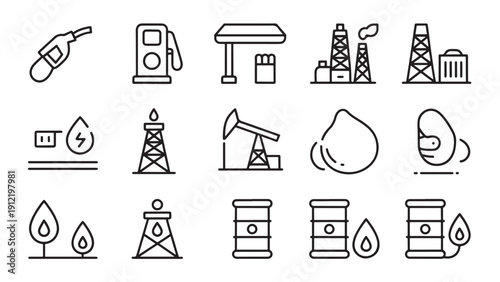 Oil and gas industry icon set featuring fuel nozzle, gas pump, station canopy, refinery, derrick, pumpjack, barrel, pipeline, tanker, and droplet.