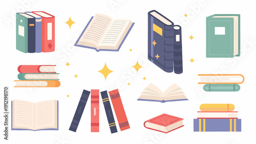 A colorful vector illustration of various books and binders with sparkles on a white background