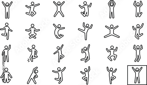 Minimalist line icon set featuring human stick figures jumping, dancing, stretching, and celebrating for fitness, success, health, and active lifestyle.