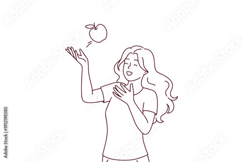 Line art illustration of a happy young woman playfully throwing a fruit into the air. Coloring sheet promoting healthy eating, vitality, and active living for kids and wellness workshops.