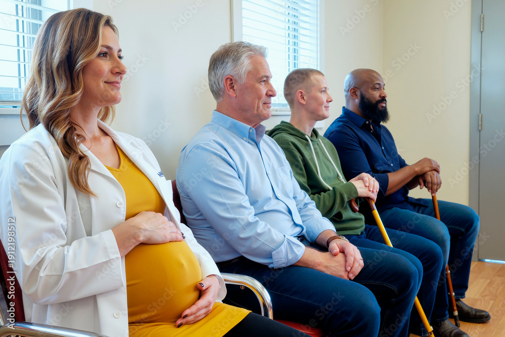 Obraz premium Pregnant young woman in medical coat sitting beside adult man, young man, adult Black man with cane in waiting room