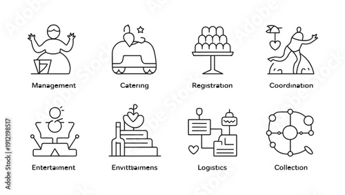 Event planning icon set featuring management, catering, registration, coordination, entertainment, environments, logistics, and collection.