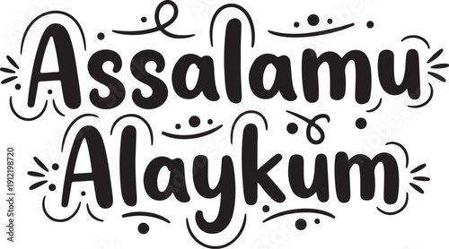 Vector Arabic phrase Assalamu Alaykum with decorative swirls and dots on white background