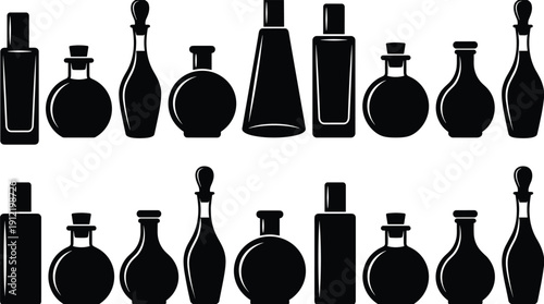 Perfume, bottle, icons, set, featuring, luxury, fragrance, glass, container, cosmetic, scent, flask, and, beauty, product, silhouettes, for, fashion, elegant, packaging.