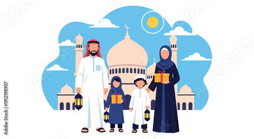 Modern flat vector illustration of faceless family standing in front of mosque holding gifts and lanterns, showing joyful Eid celebration, unity, and spiritual holiday atmosphere