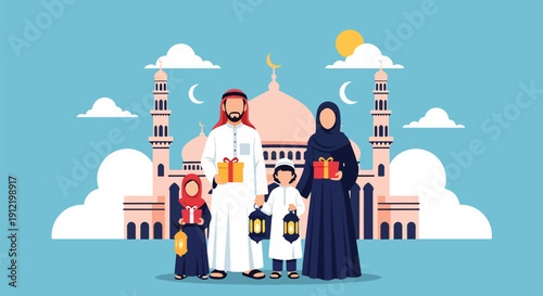 Modern flat vector illustration of faceless family standing in front of mosque holding gifts and lanterns, showing joyful Eid celebration, unity, and spiritual holiday atmosphere