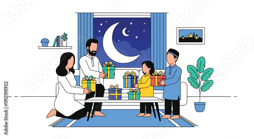 Flat vector illustration of faceless parents and children exchanging gifts at home near crescent window, showing warm family bonding and joyful Eid celebration