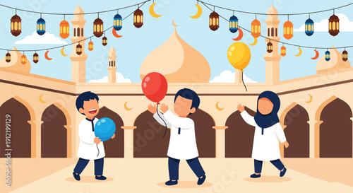 Modern flat vector illustration of faceless children playing with balloons and lanterns in courtyard, showing joyful and playful Eid celebration mood