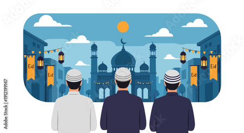 Modern flat vector illustration of faceless people walking to mosque for Eid prayer at sunrise, showing devotion and peaceful spiritual journey