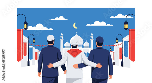 Modern flat vector illustration of faceless people walking to mosque for Eid prayer at sunrise, showing devotion and peaceful spiritual journey