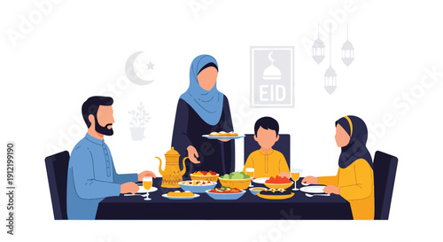 Modern flat vector illustration of faceless mother serving food to family at dining table, showing warm Eid lunch and home tradition