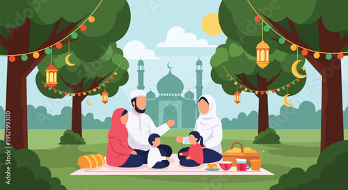 Flat vector illustration of faceless family having picnic in park with Eid decorations, showing relaxed outdoor celebration and togetherness