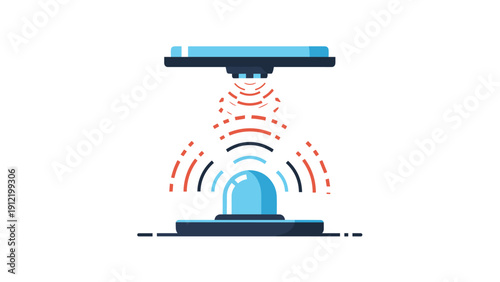 Motion sensor or emergency light illustration showing concentric signal waves being emitted from a ceiling mounted device for security and safety.