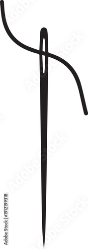 A simple black and white illustration of a sewing needle with thread