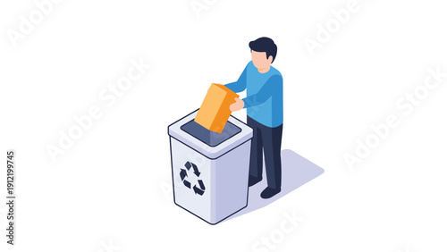 Isometric illustration of a man in a blue shirt placing an orange cardboard box into a light blue recycling bin with the universal recycling logo.