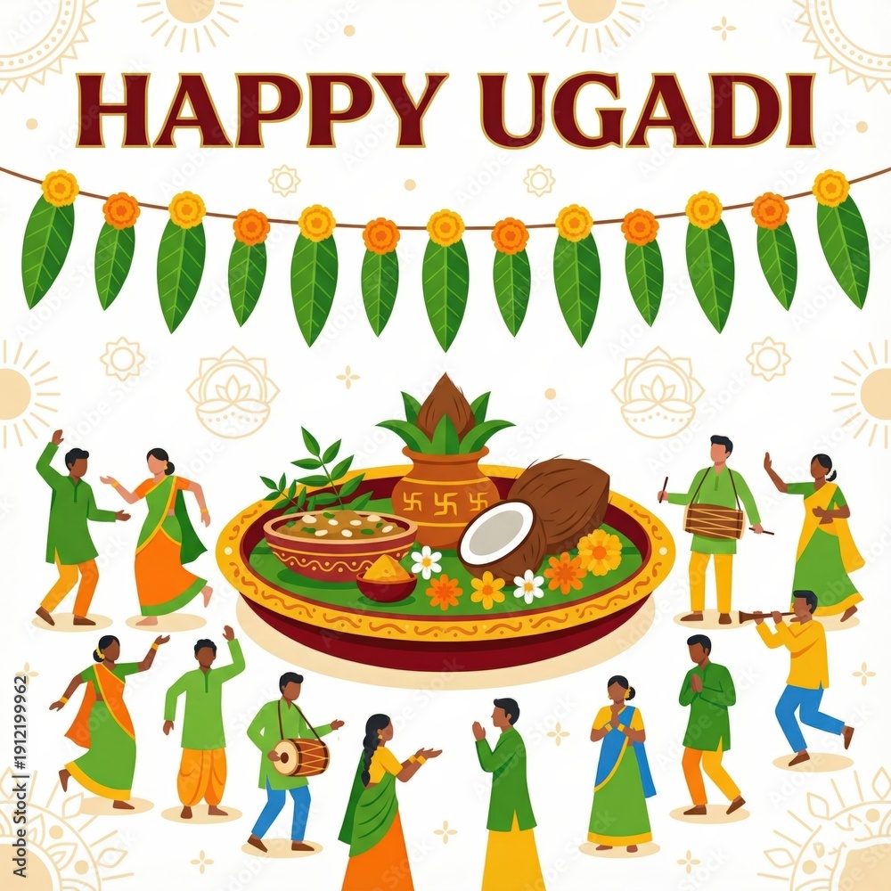 Fototapeta premium Vibrant of people celebrating Ugadi festival with traditional and festive decorations celebration India