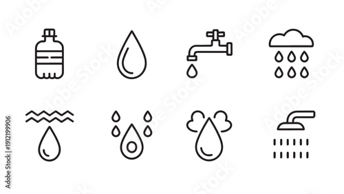 Water icon set featuring bottle, droplet, faucet, rain cloud, waves, condensation, multiple drops, and showerhead.