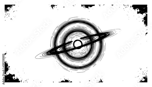 Vintage hand drawn engraving of a black hole or planet with cosmic rings in a distressed style