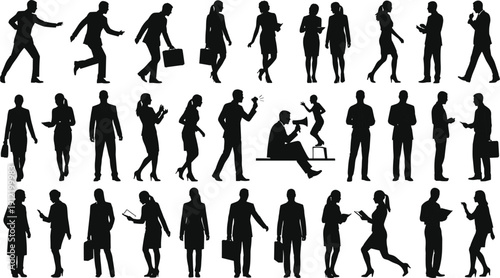 Business people silhouettes set, men women walking talking working office actions vector illustration