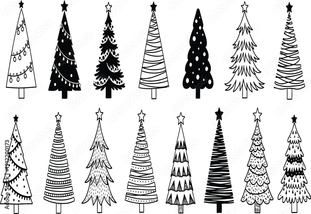 Obraz premium Black and white christmas trees with various patterns