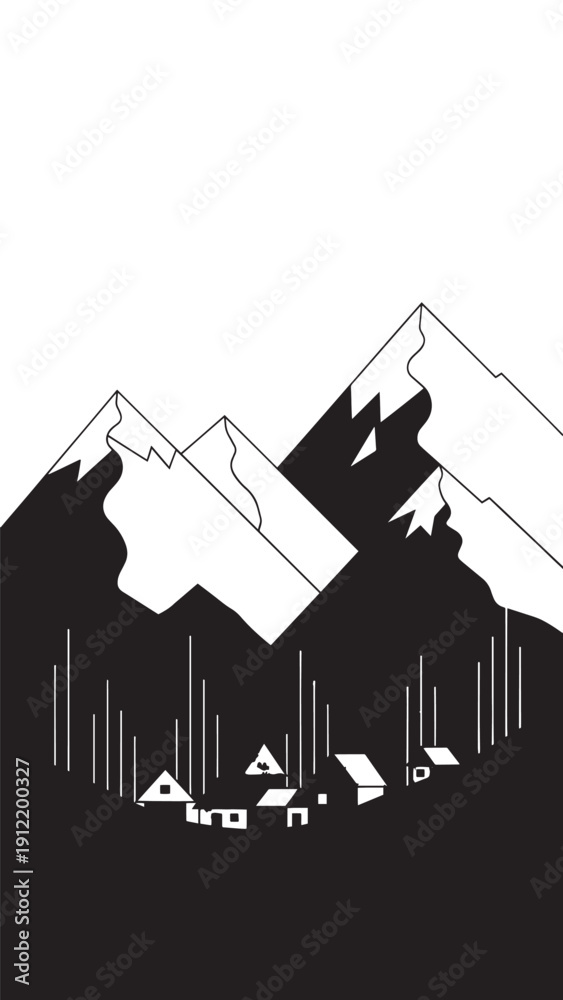 Naklejka premium Alpine Mountain Village Silhouette Under Sharp Peaks at Dusk.