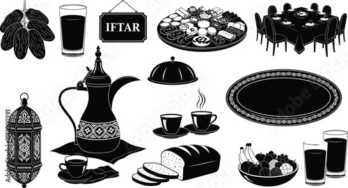 Set of Black-and-White Iftar Illustrations Showing Dates, Juice, Lantern, Teapot, Bread, Fruits, and Communal Ramadan Dining Elements