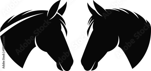 Black and white vector silhouette collection of ecology icons horse heads kangaroos hiking people mountains and husky dogs for nature and outdoor branding