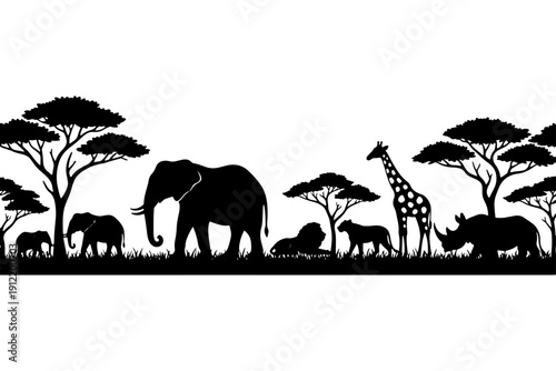 Dusk on the Savannah Silhouetted Elephants, Lions & Giraffes