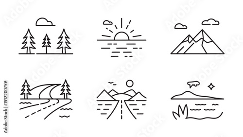 Minimalist nature landscape icon set featuring forest, sunrise, mountains, winding road, scenic path, and water view.