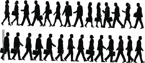 Walking business people silhouettes row men women commuters briefcase office corporate vector set