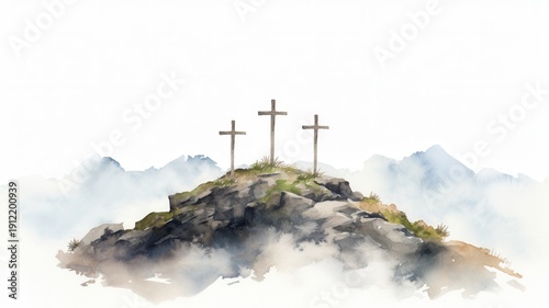 Three crosses on abstract watercolor mountains, representing easter, spiritual and sacrifice, devotion